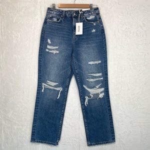 Zenana Grunge Jeans Super High Rise Distressed Straight Cut Denim Pants Size 28